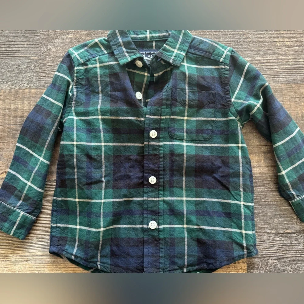 THE CHILDREN’S PLACE blue/green‎ plaid dress button down holiday christmas shirt
